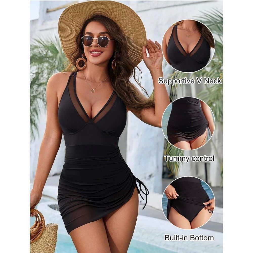 Sleek Black Mesh Ruched One-Piece Swimsuit - Picture 2 of 4